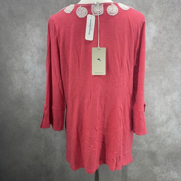 Tommy Bahama Women L Kiera Isle Of Bliss Beaded VNeck Tunic Top Coral Red Resort - Picture 4 of 11